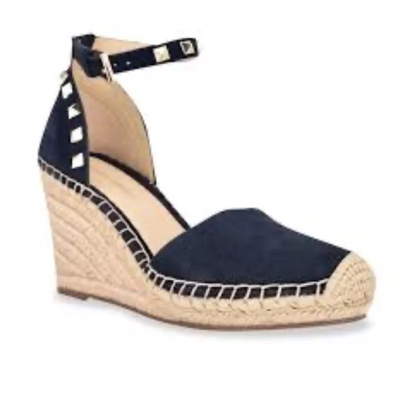 Marc Fisher Blue and Tan Espadrille Wedge Sandals - Picture 1 of 8